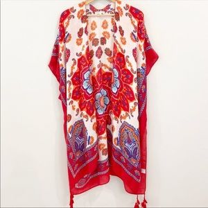 Woven Heart Red & Cream Mandala Print Kimono